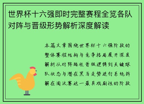 世界杯十六强即时完整赛程全览各队对阵与晋级形势解析深度解读 世界杯十六强即时完整赛程全览各队对阵与晋级形势解析深度解读